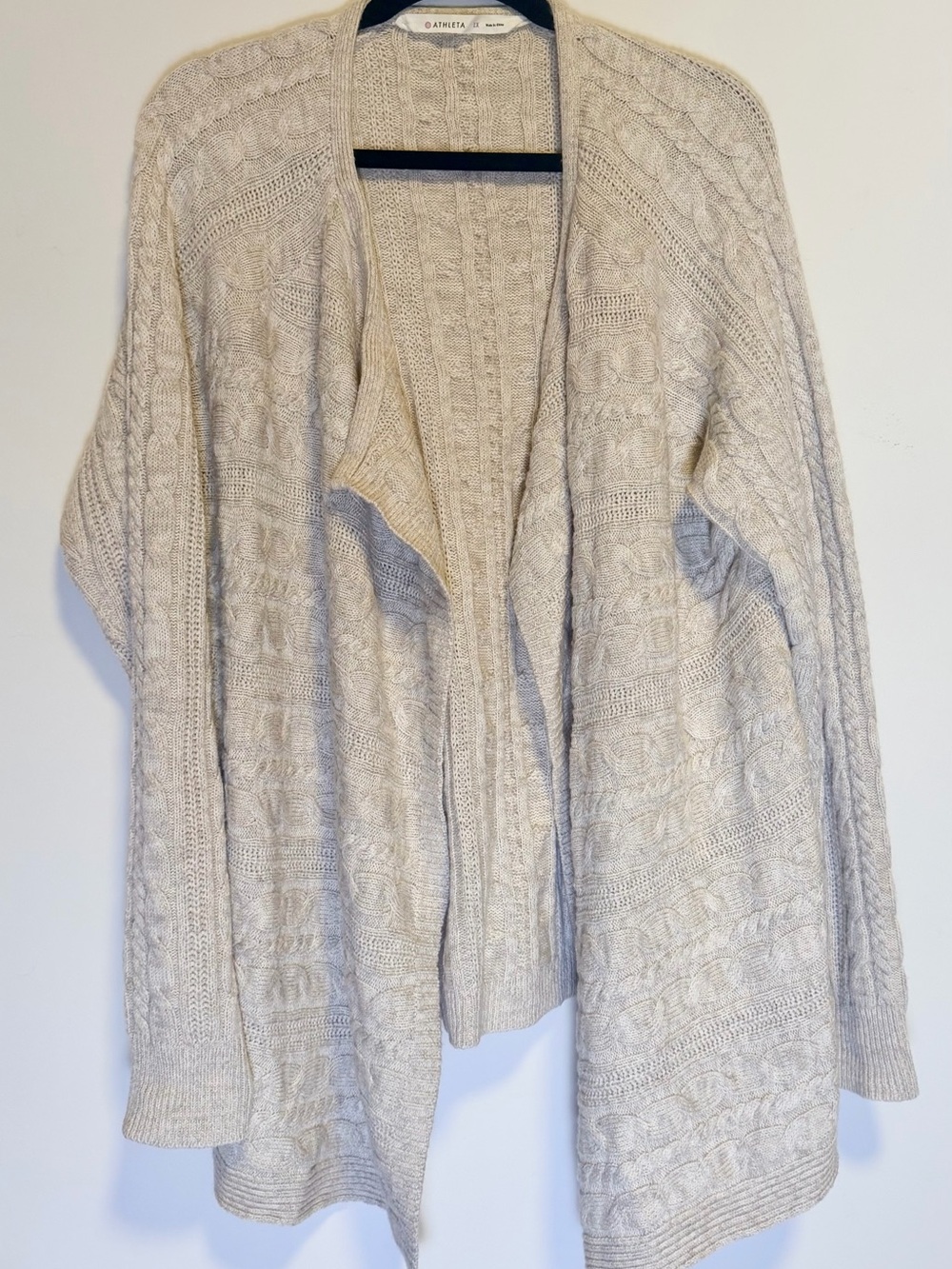 Athleta Ivory 100% Merino Fine Wool Cable Knit Open-Front Cardigan